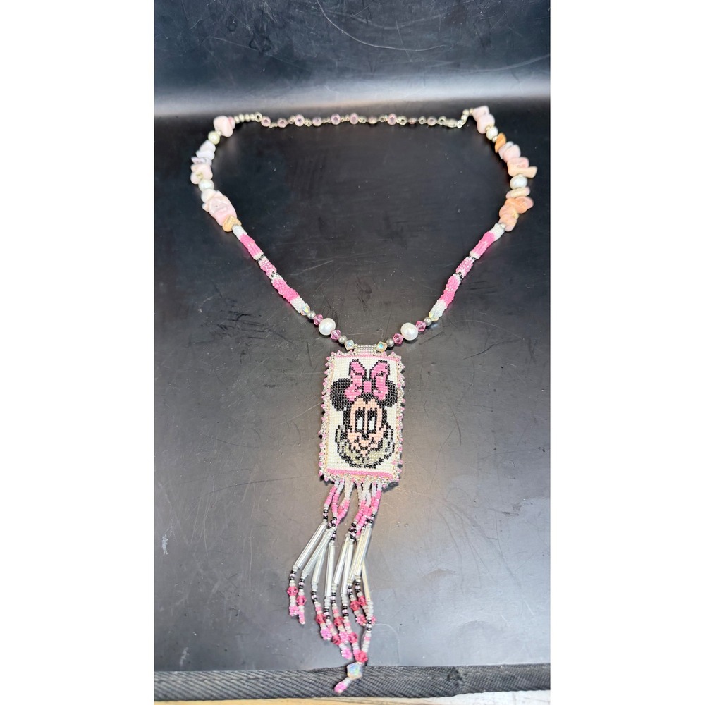 Handmade Minnie Mouse Beaded Fringe Necklace Pink Stone Chip Disney‎ Style